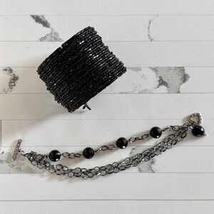 Black Beaded Cuff and Chain Bracelet Set